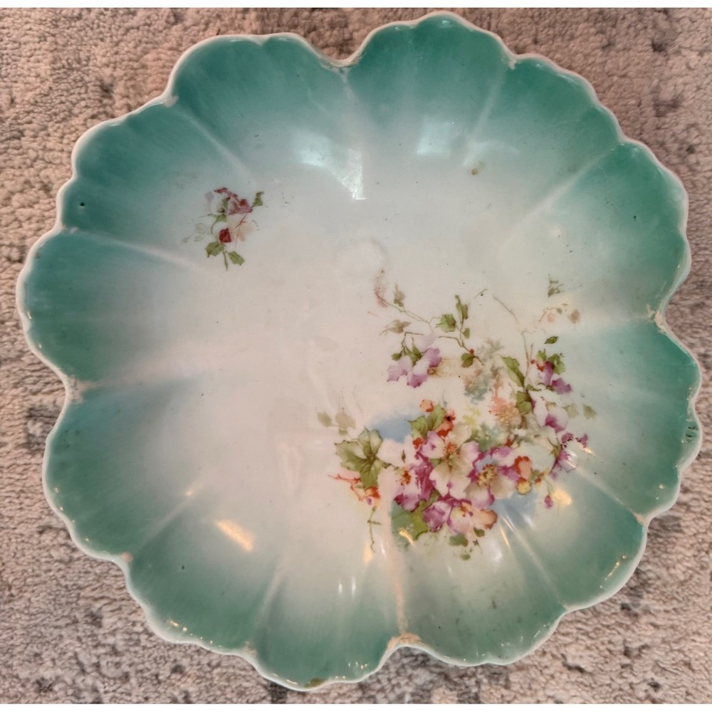 Antique Scalloped Berry Bowl Teal Ombre Hand Painted Floral Porcelain 5.25in‎